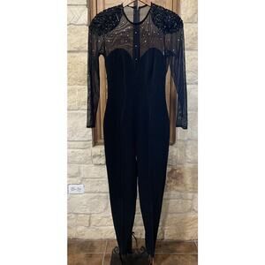Tadashi Women’s Vintage Jumpsuit Black Spandex Sequins Stirrups 80’s Size Medium